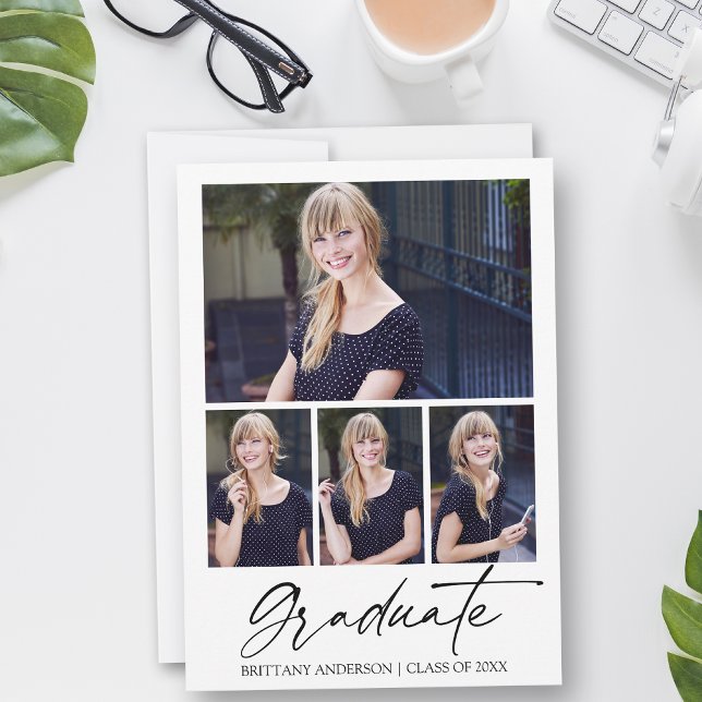 Modern Calligraphy Ink Script 4 Photos Graduation Announcement (Customize to add text or more photos to back of card.)