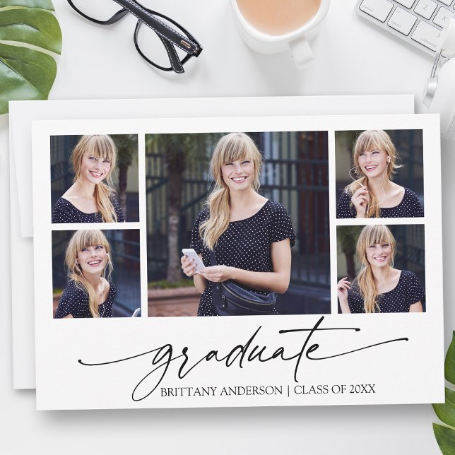 Modern Calligraphy Ink Script 5 Photo Graduation Announcement (Customize to add text or more photos to back of card.)