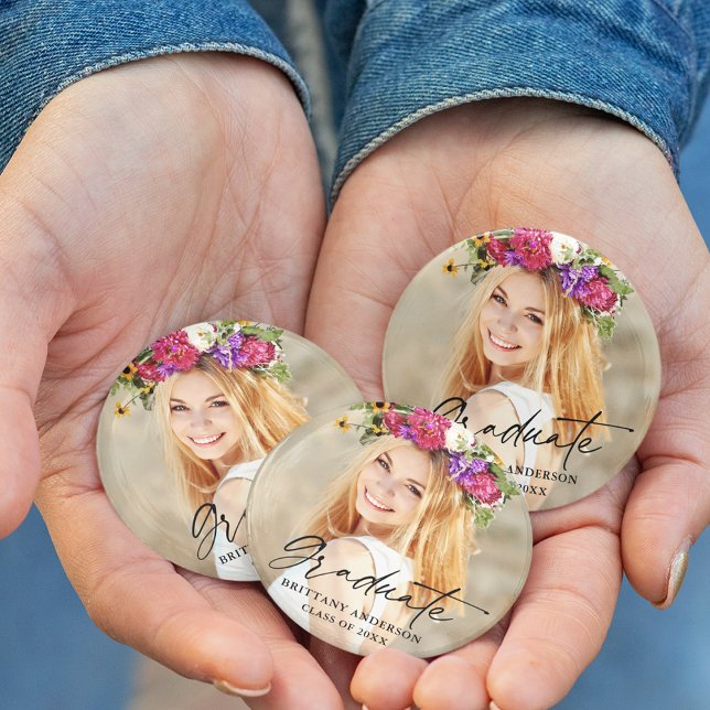 Modern Calligraphy Ink Script Graduate Photo 7.5 Cm Round Badge (Customize to change your personalized text size or text style.)