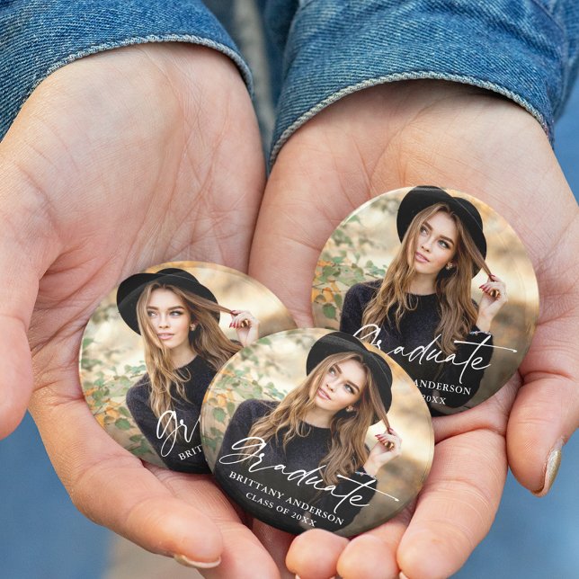 Modern Calligraphy Ink Script Photo Graduation 7.5 Cm Round Badge (Customize to change your personalized text size or text style.)