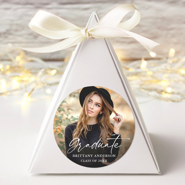 Modern Calligraphy Ink Script Photo Graduation Classic Round Sticker (Customize to change your personalized text size or text style.)