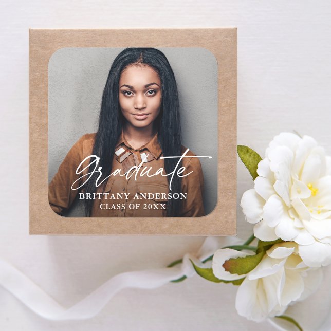 Modern Calligraphy Ink Script Photo Graduation Square Sticker (Customize to change your personalized text size or text style.)