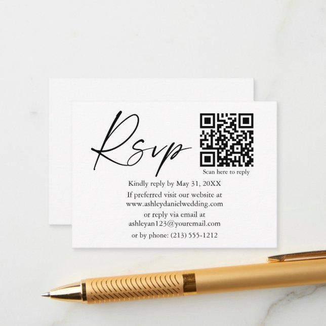 Modern Calligraphy Ink Script QR Wedding RSVP Enclosure Card (Front/Back In Situ)