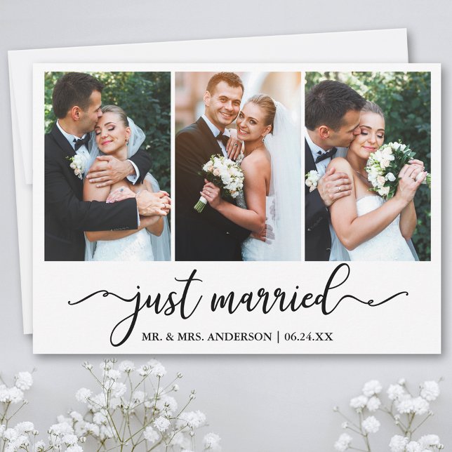 Modern Calligraphy Just Married Wedding 3 Photo Thank You Card (Customize to add text or more photos to back of card.)