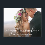 Modern Calligraphy Just Married Wedding Photo Postcard<br><div class="desc">Modern Calligraphy Wedding Photo Just Married Announcement Postcard</div>