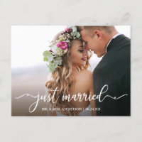 Modern Calligraphy Just Married Wedding Photo