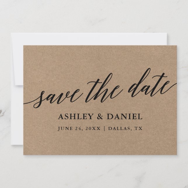 Modern Calligraphy Kraft Save The Date Card (Front)