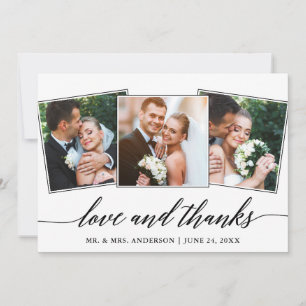 Modern Calligraphy Love and Thanks 3 Photo Thank You Card