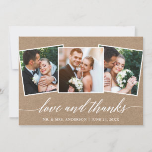 Modern Calligraphy Love Thanks 3 Photo Kraft Thank You Card