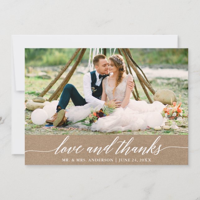 Modern Calligraphy Love Thanks Wedding Kraft Thank You Card (Front)