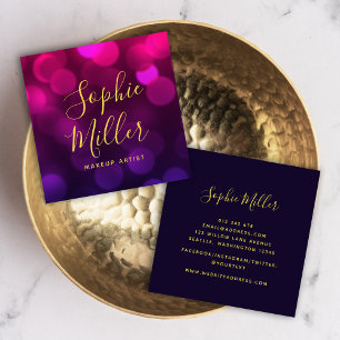 Modern Calligraphy Magenta Blue Bokeh Lights Square Business Card