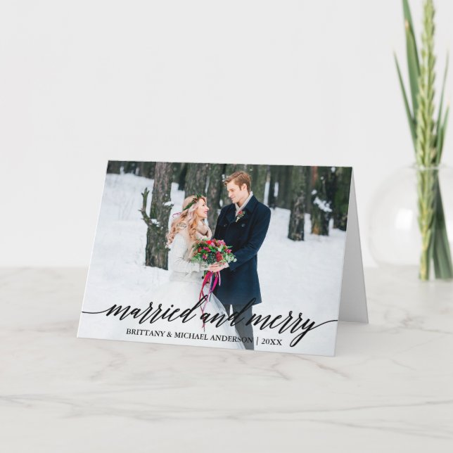 Modern Calligraphy Married and Merry Wedding Fold Holiday Card (Front)