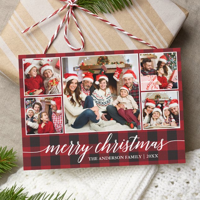 Modern Calligraphy Merry Christmas 5 Photo Plaid Holiday Card (Customize to add text or more photos to back of card.)