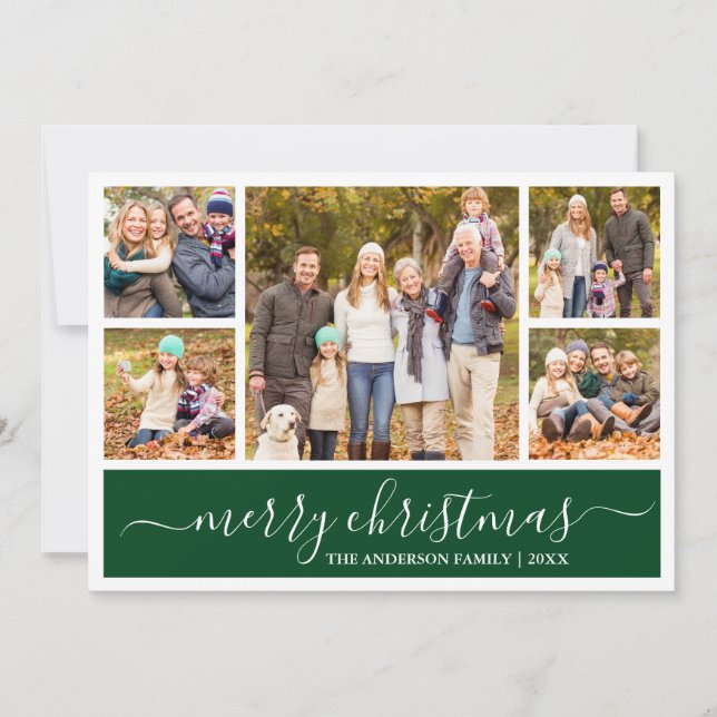Modern Calligraphy Merry Christmas Green 5 Photo Holiday Card (Front)