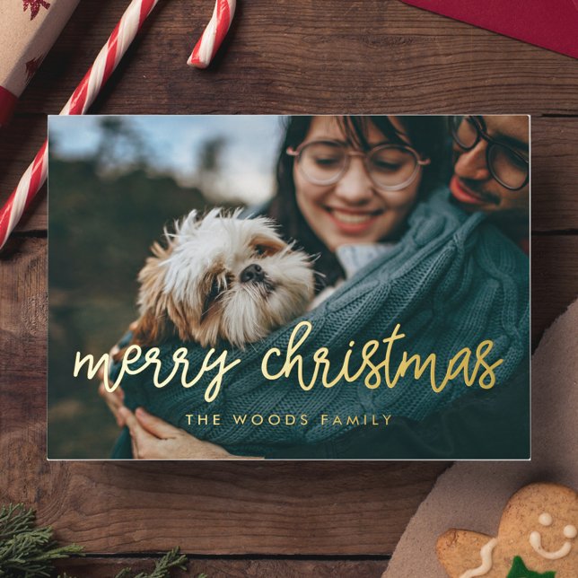 Modern calligraphy Merry Christmas photo Foil Holiday Postcard (Creator Uploaded)