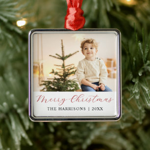 Modern Calligraphy Merry Christmas Photo Metal Ornament