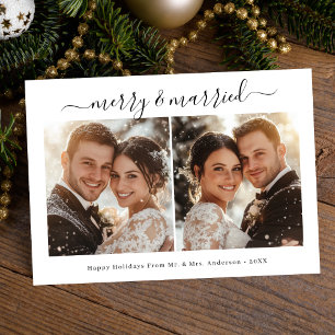 Modern Calligraphy Merry & Married Christmas Photo Holiday Card