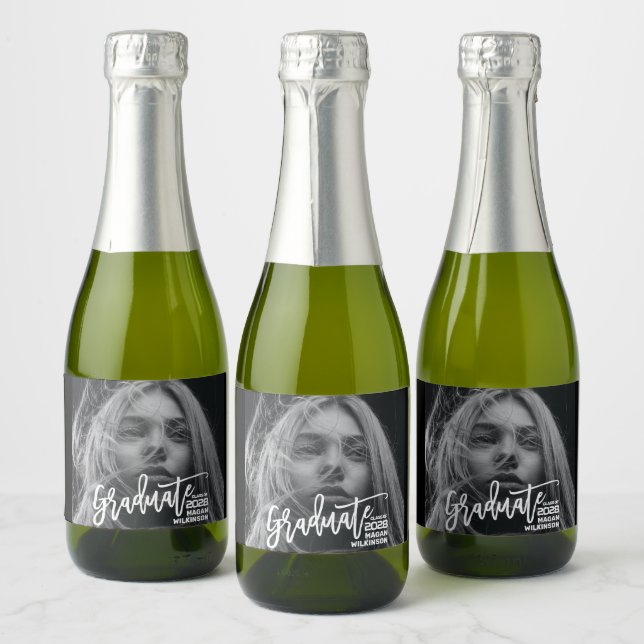Modern Calligraphy Minimal Full Photo Grad Party Sparkling Wine Label (Bottles)