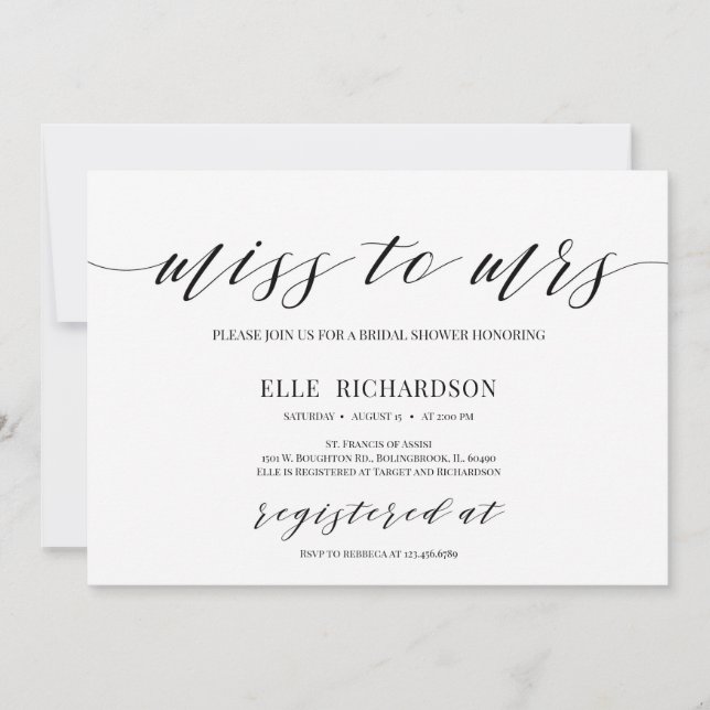 Modern calligraphy miss to mrs bridal shower invitation (Front)