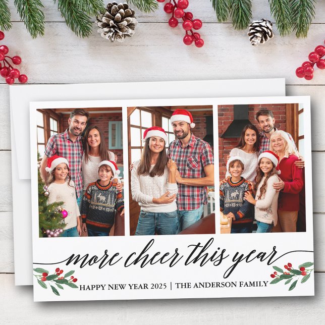 Modern Calligraphy More Cheer This Year 3 Photo Holiday Card (Customize to add text to back of card.)