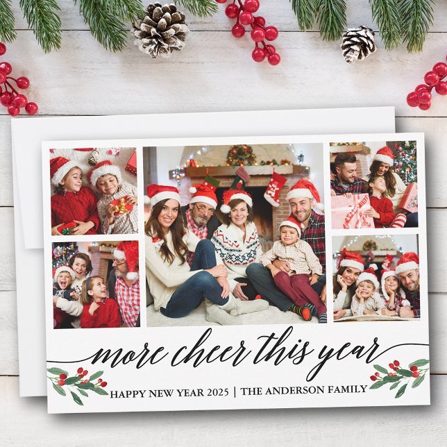 Modern Calligraphy More Cheer This Year 5 Photo Holiday Card (Customize to add text to back of card.)