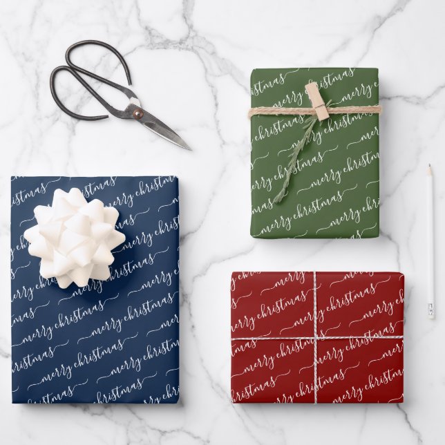 Modern Calligraphy Navy Green Maroon Christmas Wrapping Paper Sheet (Front)