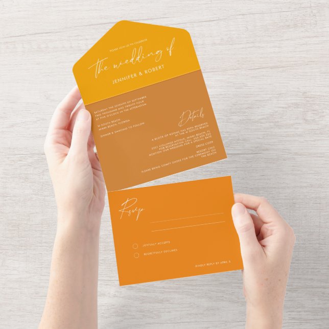 Modern Calligraphy Ochre Yellow Gold Wedding All I All In One Invitation (Tearaway)