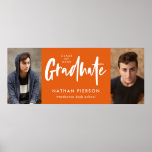 Modern Calligraphy Orange Two Photo Graduation Poster