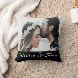 Modern Calligraphy Overlap Photo Couple Wedding Cushion