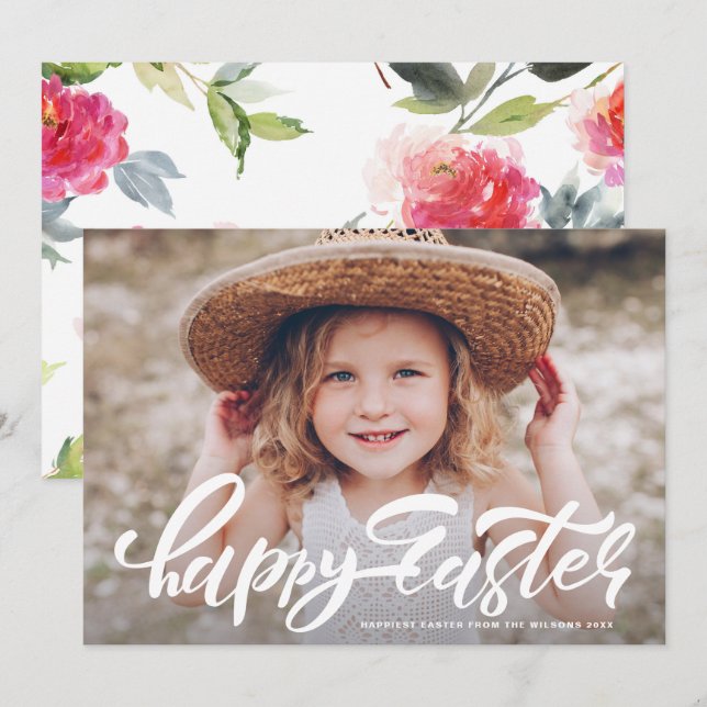 Modern Calligraphy Overlay Happy Easter Photo Holiday Card (Front/Back)