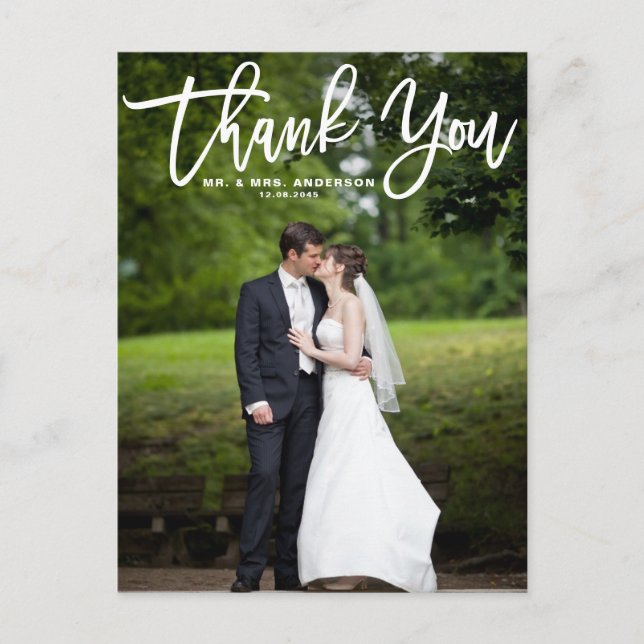 Modern Calligraphy Overlay Photo Wedding Thank You Postcard (Front)