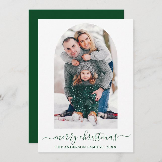 Modern Calligraphy Photo Arch Christmas Green Holiday Card (Front/Back)
