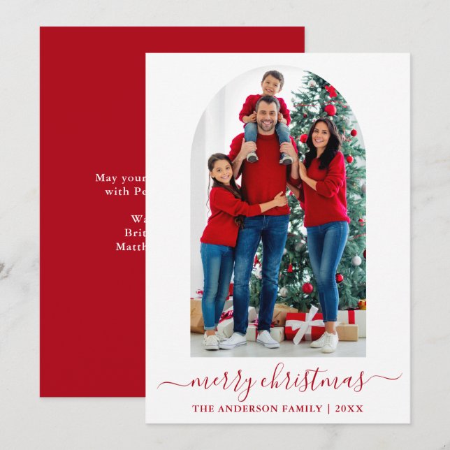 Modern Calligraphy Photo Arch Christmas Red Holiday Card (Front/Back)