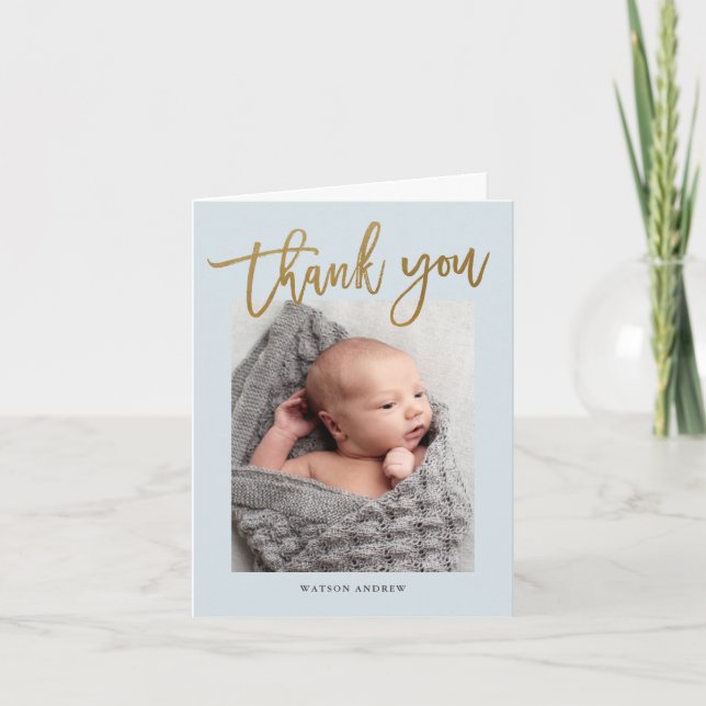 Modern Calligraphy Photo Baby Boy Thank You Card (Front)