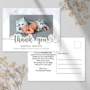 Modern Calligraphy Photo Baby Boy Thank You Postcard