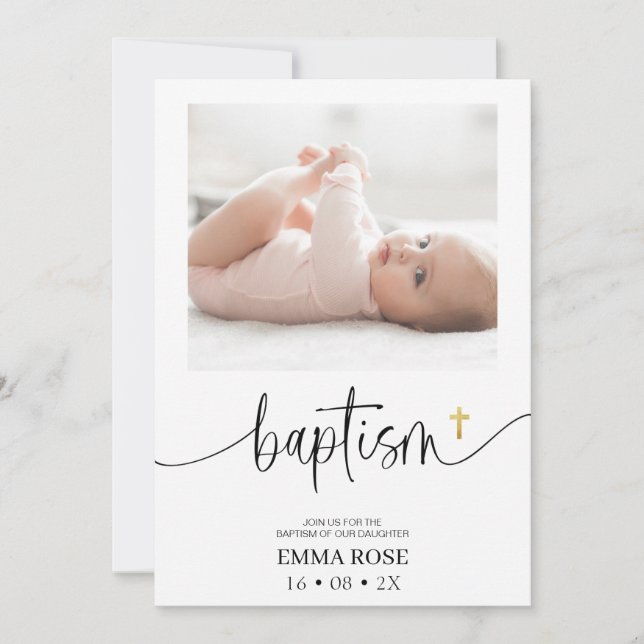 Modern Calligraphy Photo Baptism  Invitation (Front)
