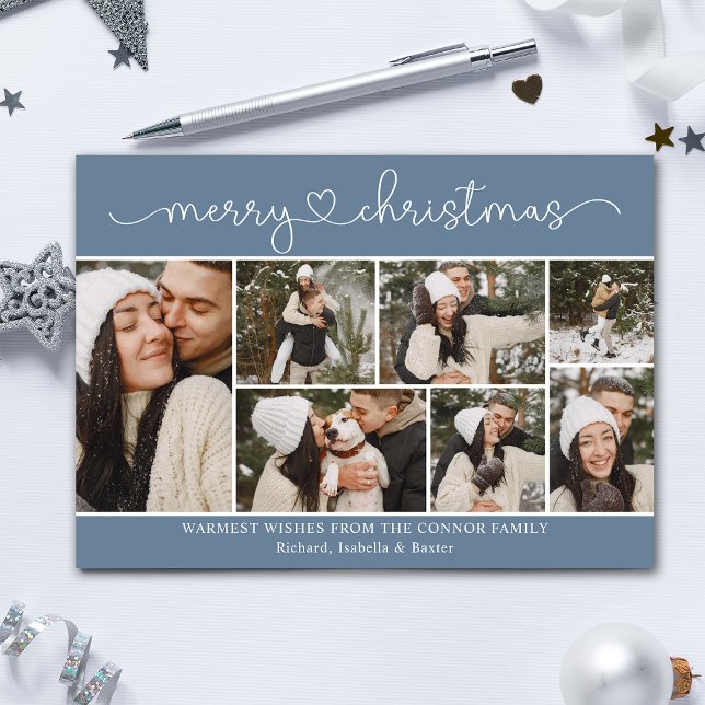 Modern Calligraphy Photo Collage Blue Christmas Card (Creator Uploaded)