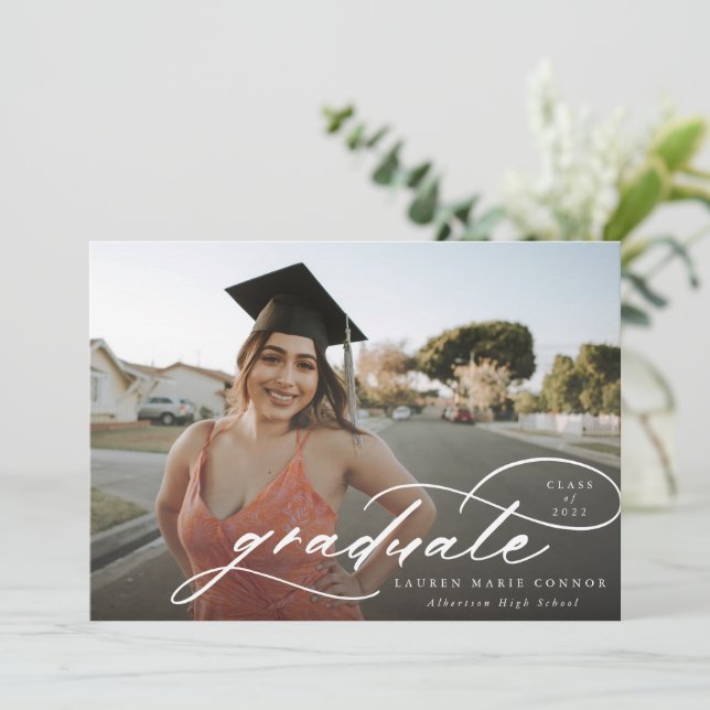 Modern Calligraphy Photo Graduation Horizontal Announcement (Standing Front)