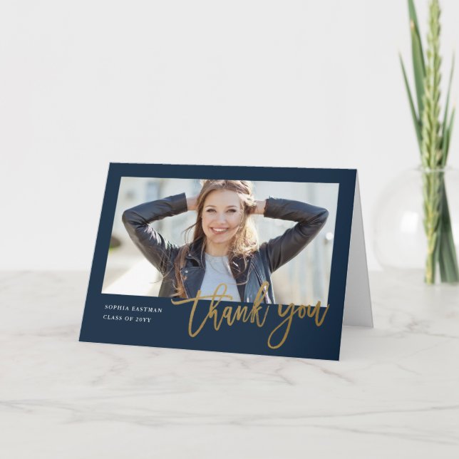 Modern Calligraphy photo graduation Thank You Card (Front)