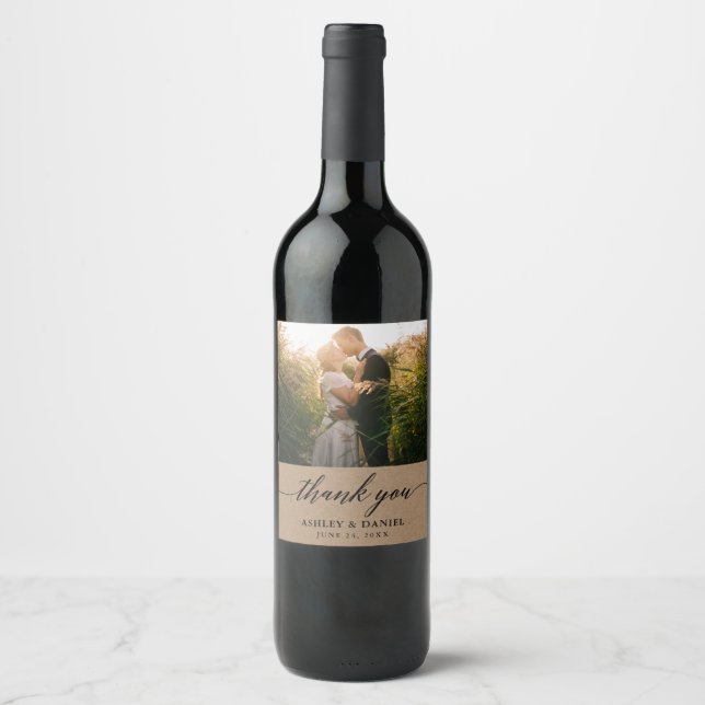 Modern Calligraphy Photo Kraft Wedding Wine Label (Front)