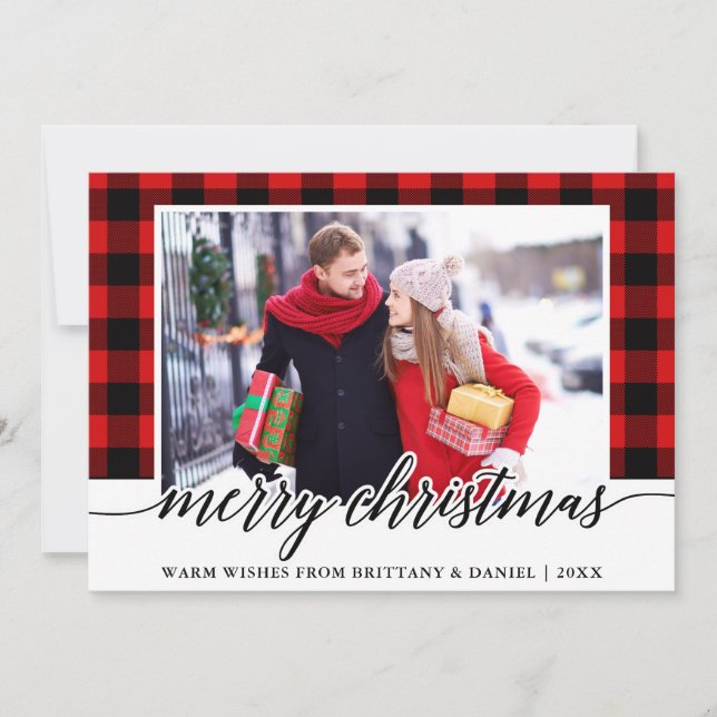 Modern Calligraphy Photo Red Plaid Christmas Holiday Card (Front)