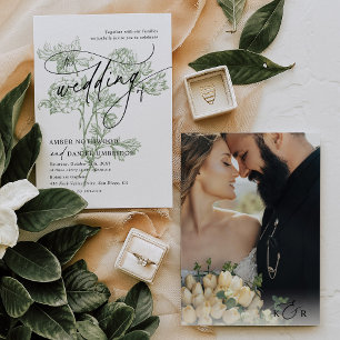 Modern Calligraphy Photo Sage Green Floral Wedding Invitation