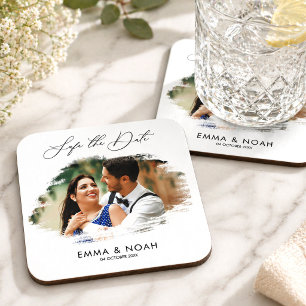 Modern Calligraphy Photo Save The Date Family Coaster