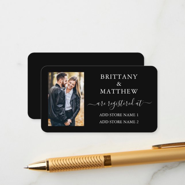 Modern Calligraphy Photo Wedding Registry Black Enclosure Card (Front/Back In Situ)