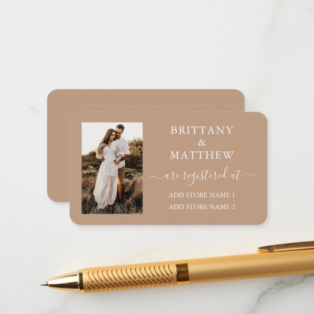Modern Calligraphy Photo Wedding Registry Taupe Enclosure Card (Front/Back In Situ)