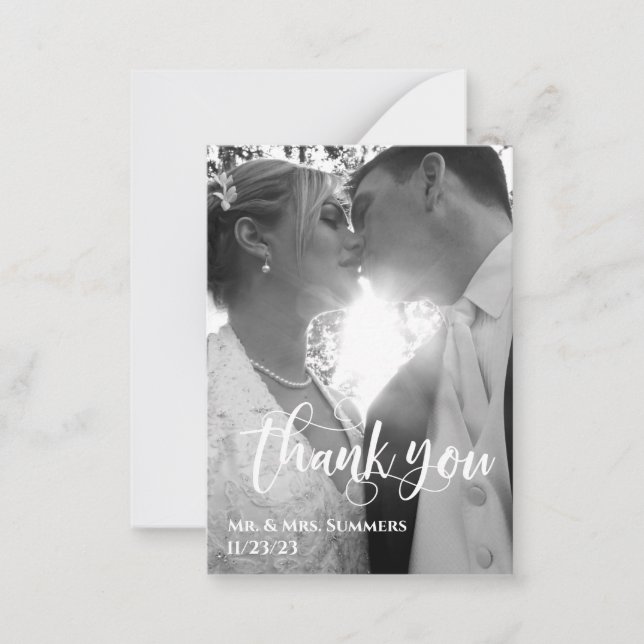 Modern Calligraphy Photo Wedding Thank You Budget  Card (Front)