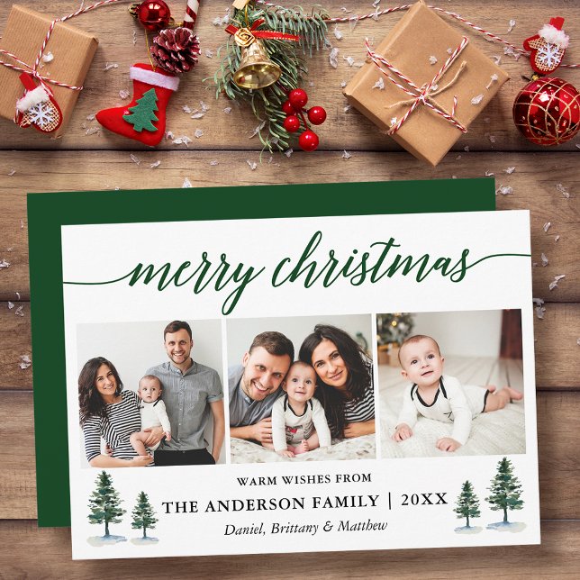 Modern Calligraphy Pines Christmas 3 Photo Green Holiday Card (Customize to add text or more photos to back or to change color of back of card.)