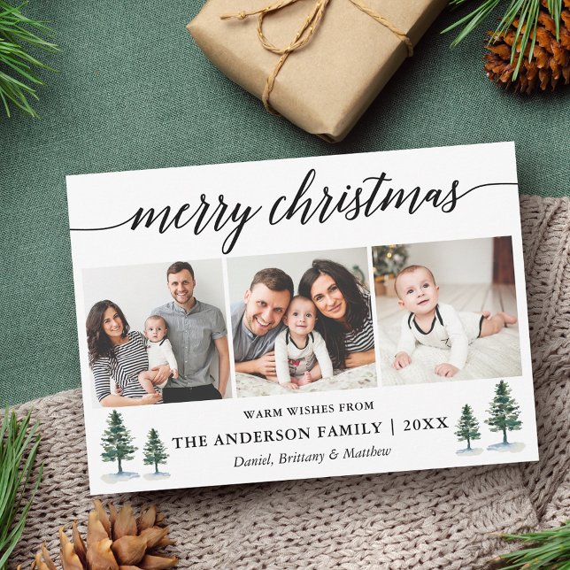Modern Calligraphy Pines Merry Christmas 3 Photo Holiday Card (Customize to add text to back of card.)