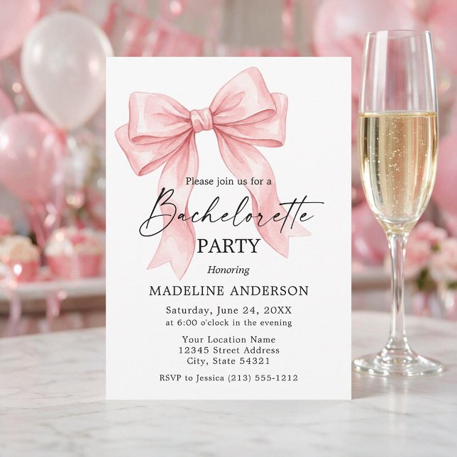 Modern Calligraphy Pink Bow Bachelorette Party Invitation (Customize to add text to back of card.)