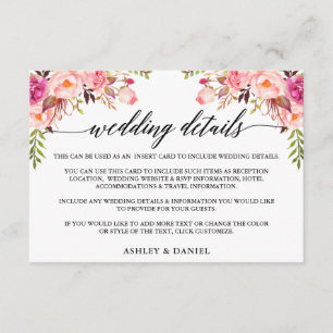 Modern Calligraphy Pink Floral Wedding Details Enclosure Card
